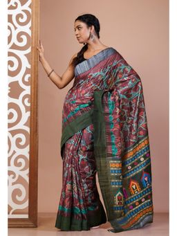 Unnati Silks - Burgundy Handloom Block Printed Embroidery Vidarbha Silk Saree with Unstitched Blouse