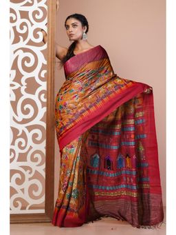 Unnati Silks - Yellow Handloom Block Printed Embroidery Vidarbha Silk Saree with Unstitched Blouse