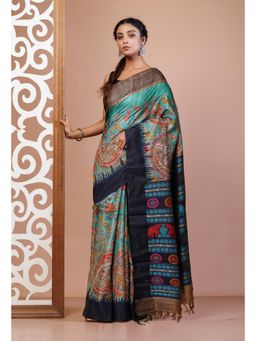 Unnati Silks - Turquoise Handloom Block Printed Embroidery Vidarbha Silk Saree with Unstitched Blouse