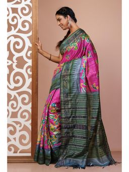 Unnati Silks - Pink Pure Handloom Block Printed Embroidery Vidarbha Silk Saree with Unstitched Blouse