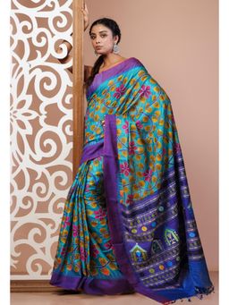 Unnati Silks - Blue Handloom Block Printed Kantha Vidarbha Tussar Silk Saree with Unstitched Blouse