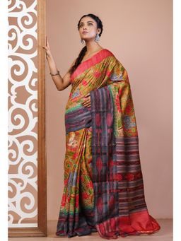 Unnati Silks - Yellow Pure Handloom Block Printed Kantha Vidarbha Silk Saree with Unstitched Blouse