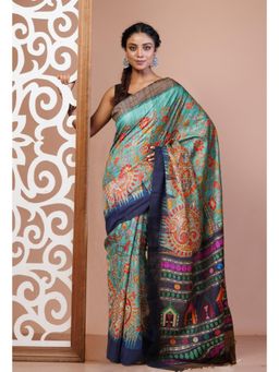 Unnati Silks - Turquoise Pure Handloom Block Printed Kantha Vidarbha Silk Saree with Unstitched Blouse