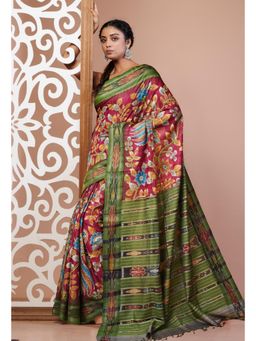 Unnati Silks - Pink Handloom Block Printed Kantha Vidarbha Tussar Silk Saree with Unstitched Blouse