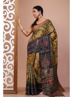 Unnati Silks - Yellow Handloom Block Printed Kantha Vidarbha Tussar Silk Saree with Unstitched Blouse