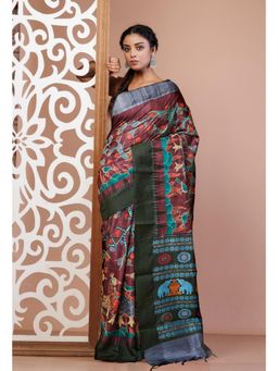 Unnati Silks - Burgundy Pure Handloom Block Printed Kantha Vidarbha Silk Saree with Unstitched Blouse