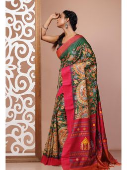 Unnati Silks - Green Handloom Block Printed Kantha Vidarbha Tussar Silk Saree with Unstitched Blouse