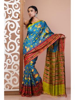 Unnati Silks - Blue Handloom Block Printed Kantha Vidarbha Tussar Silk Saree with Unstitched Blouse