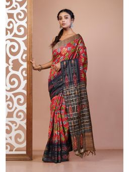Unnati Silks - Red Handloom Block Printed Kantha Vidarbha Tussar Silk Saree with Unstitched Blouse
