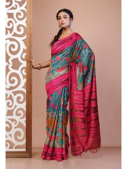 Unnati Silks - Grey Handloom Block Printed Kantha Vidarbha Tussar Silk Saree with Unstitched Blouse
