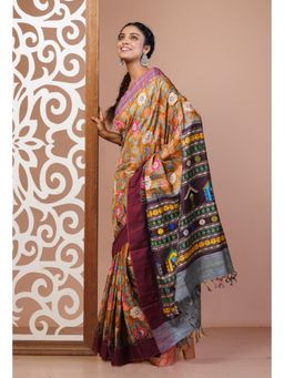 Unnati Silks - Yellow Pure Handloom Block Printed Kantha Vidarbha Silk Saree with Unstitched Blouse