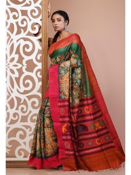 Unnati Silks - Green Handloom Block Printed Kantha Vidarbha Tussar Silk Saree with Unstitched Blouse