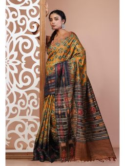 Unnati Silks - Yellow Pure Handloom Block Printed Kantha Vidarbha Silk Saree with Unstitched Blouse