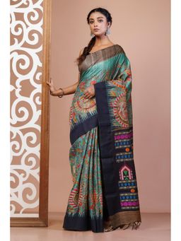 Unnati Silks - Turquoise Pure Handloom Block Printed Kantha Vidarbha Silk Saree with Unstitched Blouse