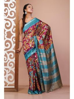 Unnati Silks - Burgundy Pure Handloom Block Printed Kantha Vidarbha Silk Saree with Unstitched Blouse