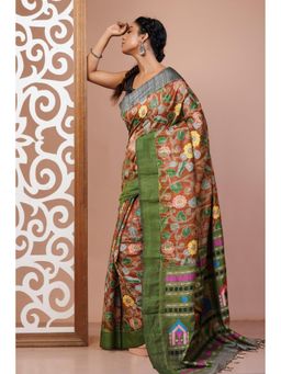 Unnati Silks - Brown Handloom Block Printed Kantha Vidarbha Tussar Silk Saree with Unstitched Blouse