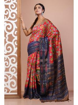 Unnati Silks - Red Handloom Block Printed Kantha Vidarbha Tussar Silk Saree with Unstitched Blouse