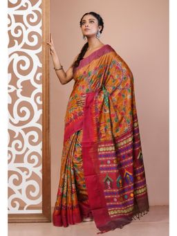 Unnati Silks - Yellow Pure Handloom Block Printed Kantha Vidarbha Silk Saree with Unstitched Blouse