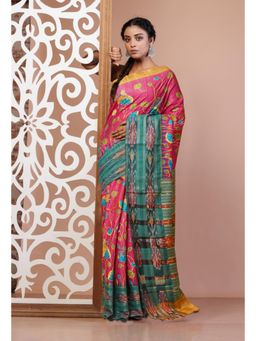 Unnati Silks - Pink Handloom Block Printed Kantha Vidarbha Tussar Silk Saree with Unstitched Blouse