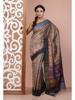 Unnati Silks - Brown Handloom Block Printed Kantha Vidarbha Tussar Silk Saree with Unstitched Blouse