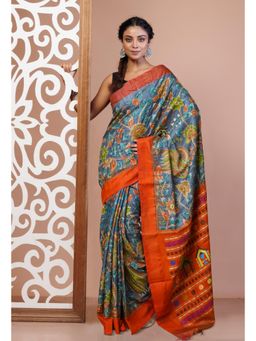Unnati Silks - Grey Handloom Block Printed Kantha Vidarbha Tussar Silk Saree with Unstitched Blouse