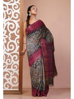 Unnati Silks - Brown Handloom Block Printed Kantha Vidarbha Tussar Silk Saree with Unstitched Blouse