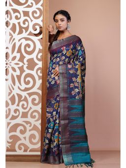Unnati Silks - Blue Handloom Block Printed Kantha Vidarbha Tussar Silk Saree with Unstitched Blouse