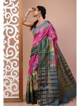 Unnati Silks - Pink Handloom Block Printed Kantha Vidarbha Tussar Silk Saree with Unstitched Blouse