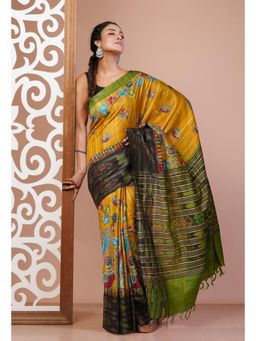 Unnati Silks - Yellow Pure Handloom Block Printed Kantha Vidarbha Silk Saree with Unstitched Blouse