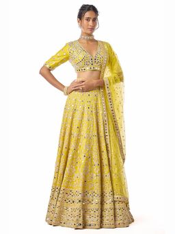 Gopi Vaid - Saima Yellow Mirror Work Lehenga With Stitched Blouse And Dupatta