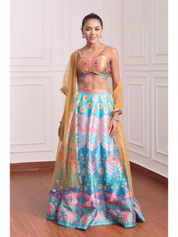 RCKC Aurum - Women Teal Whimsical Twilight Bloom Lehenga With Blouse And Dupatta