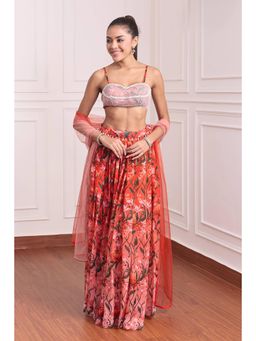 RCKC Aurum - Women Red Pomegranate Wildflower Vintage Pearl Lehenga With Blouse And Dupatta