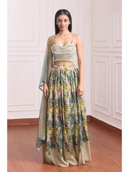 RCKC Aurum - Women Olivine Wildflower Vintage Pearl Lehenga With Blouse And Dupatta