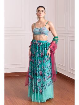 RCKC Aurum - Women Green Erinite Wildflower Vintage Pearl Lehenga With Blouse And Dupatta