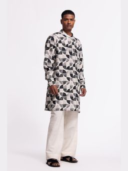Rohit Bal - Ivory Mens Printed Linen Short Kurta