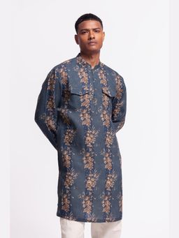 Rohit Bal - Blue Mens Floral Printed Linen Short Kurta With Pockets