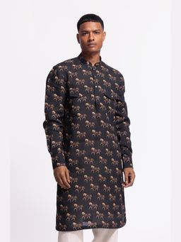 Rohit Bal - Black Mens Wild Pattern Short Kurta With Pocket