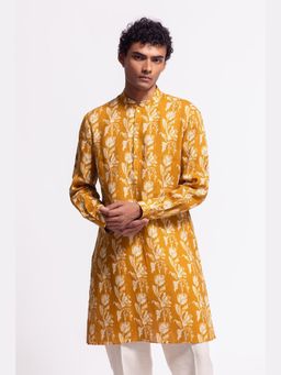 Rohit Bal - Mustard Mens Floral Printed Linen Short Kurta With Pockets