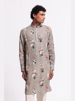 Rohit Bal - Grey Mens Floral Printed Linen Short Kurta With Pockets