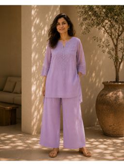 Vaaya - Mul Chanderi Lace Lavender Kurta With Pant