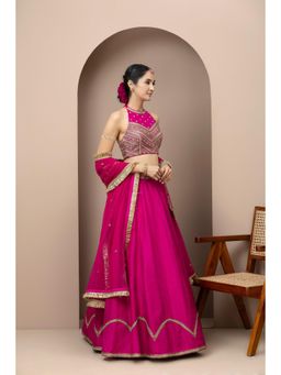 Monika Mathuria Datta - Gulab Halter Embroidered Dupion Pink Blouse With Lehenga And Dupatta