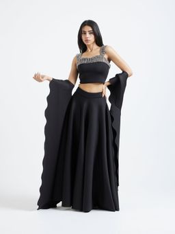 Ozeqo - Alia Black Embellished Neck Top And Skirt With Detachable Overlay