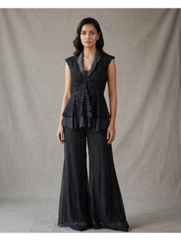 "Two Sisters" by Gyans - Black Georgette Peplum Sequin Jacket with Sharara and Inner