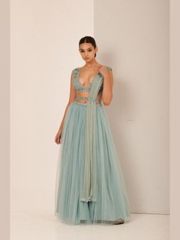 RCKC Aurum - Women Ice Blue Flared Lehenga With Blouse, Belt And Dupatta