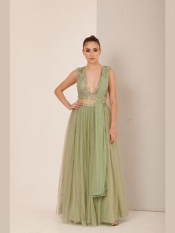 RCKC Aurum - Women Pista Green Flared Blouse With Skirt And Dupatta