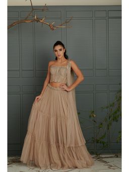 RCKC Aurum - Women Caramel Brown Corset With Skirt And Dupatta