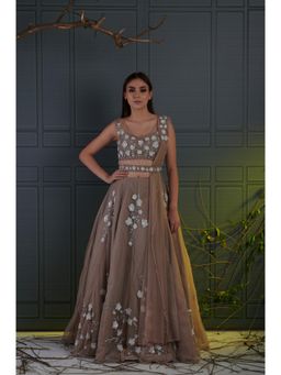 RCKC Aurum - Women Brown Dove Bloom Lehenga With Blouse, Belt And Dupatta