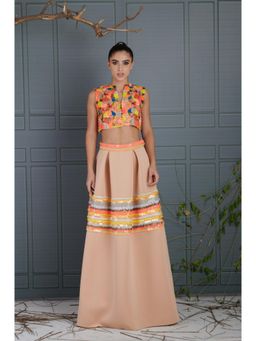 RCKC Aurum - Women Neon Multi Color Hand Embroidered Skirt With Jacket