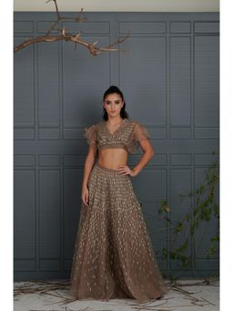 RCKC Aurum - Women Brown Mocha Organza Blouse With Skirt