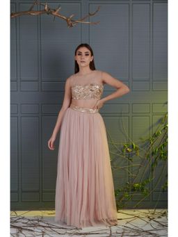 RCKC Aurum - Women Salmon Pink Hand Embroidered Skirt And Blouse